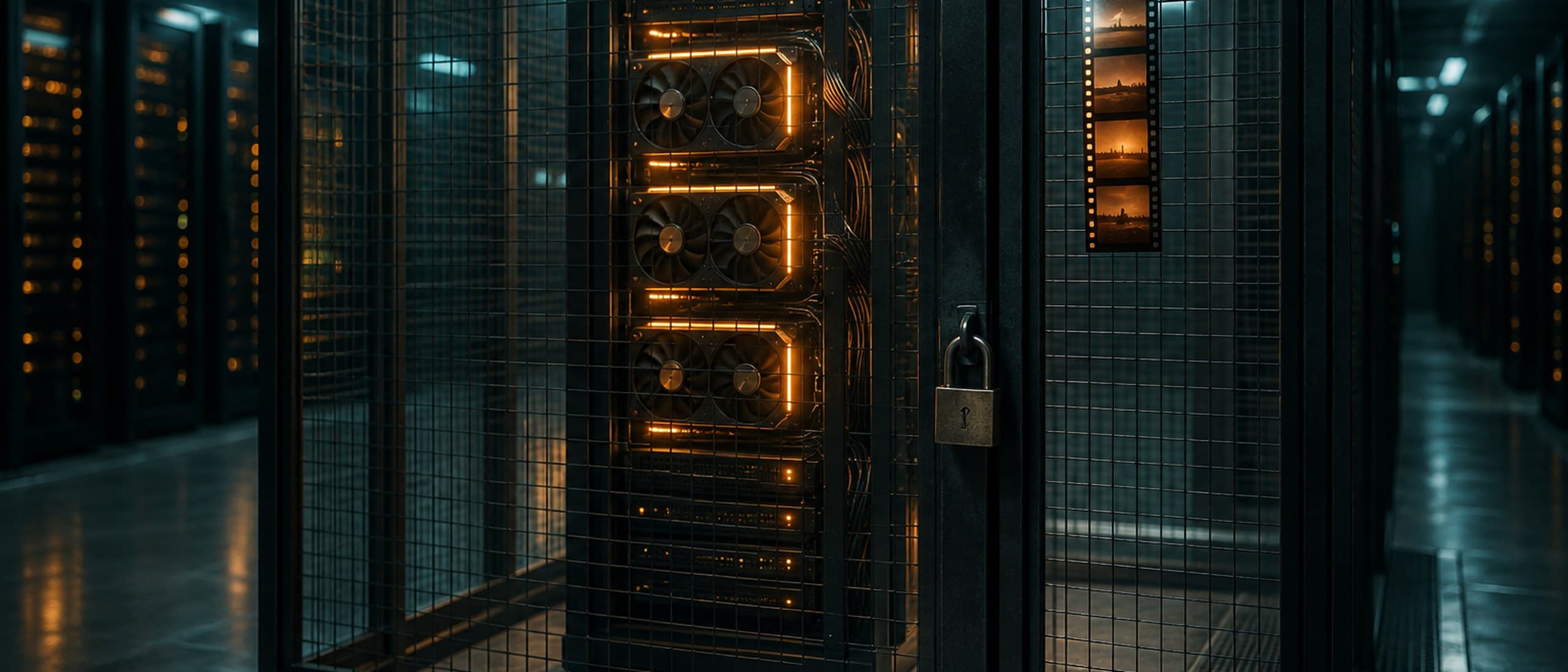A single server rack with glowing amber GPU fans locked inside a mesh cage in a dark data center, with a strip of film negatives taped to the cage door
