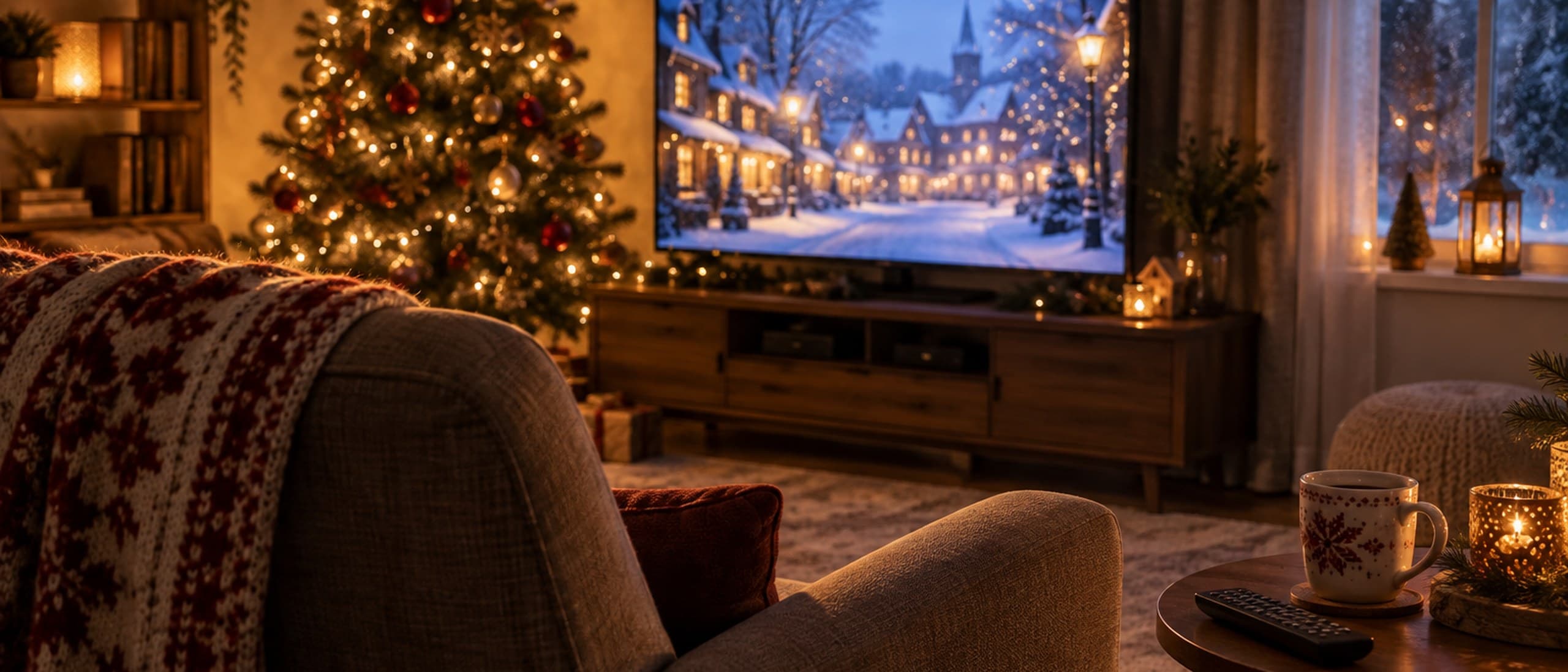 A cozy living room at Christmas seen from behind an empty armchair, with a lit tree and a television showing a snowy village street at night